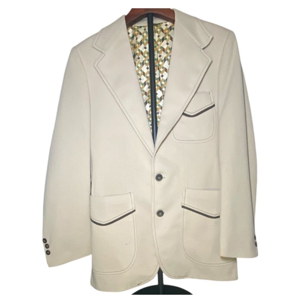 Vintage Beige Textured Mens Blazer 70's Geometric Lining & Dark Trim Retro Disco